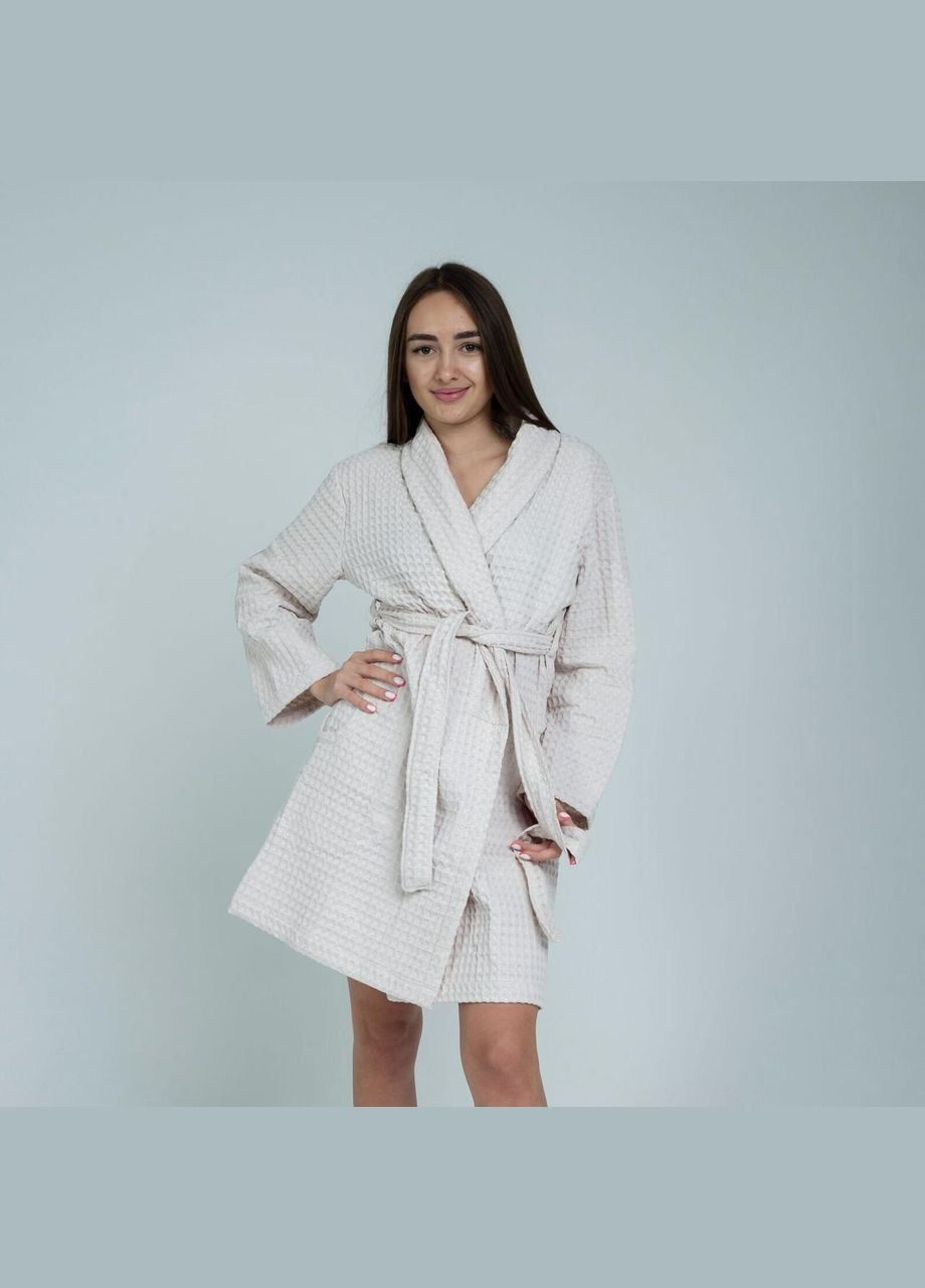 Жіночий вафельний халат без капюшона, Вафельна,Бежевий, Lelit (307088547)