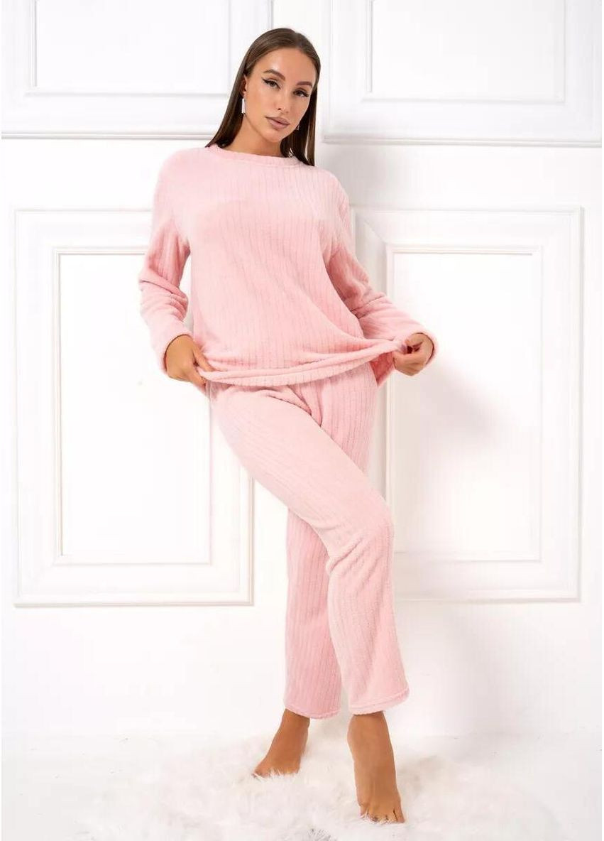 Светло-розовая всесезон женская зимняя пижама в рубчик утепленный домашний комплект для сна кофта + брюки теплый набор пижамы для женщин one size свитшот + брюки Cindylove