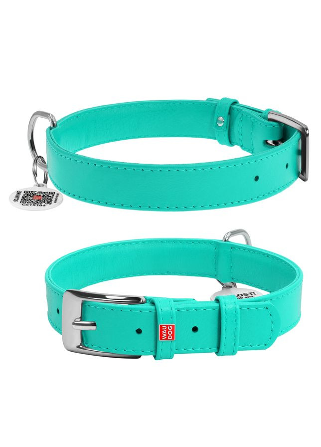Нашийник для собак шкіряний Glamour з QR паспортом, без прикрас,, Ш 25 мм, Дов 38-49 см ментоловий WAUDOG (322001994)