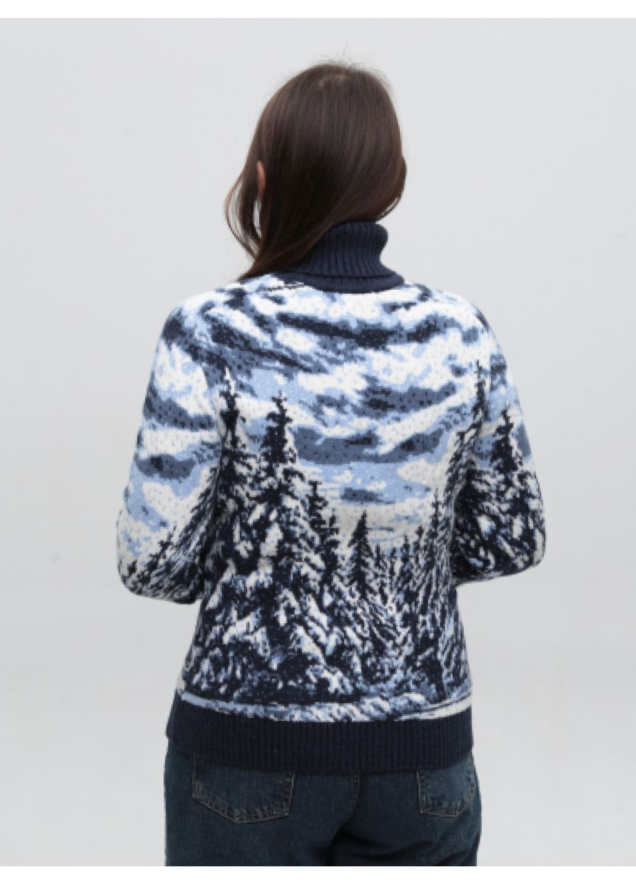 Темно-синій зимовий светр жіночий темно-синій з риссю зимовий з горлом Pulltonic Приталена