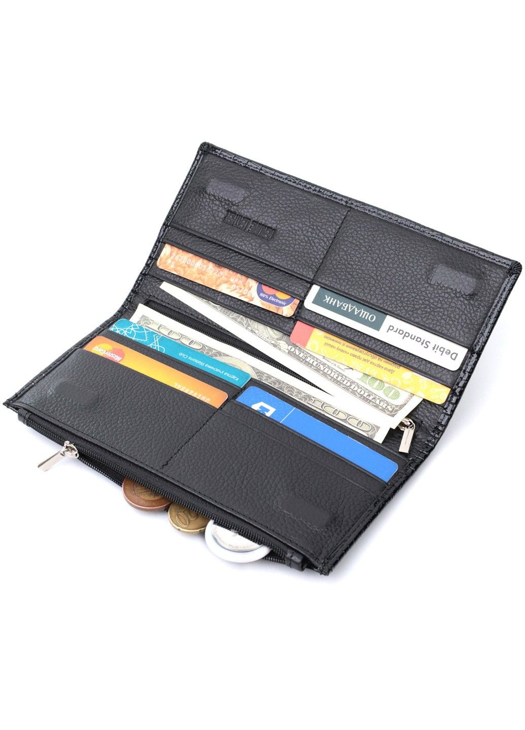 Лакированный тонкий кошелек с фактурой под рептилию из натуральной кожи 22716 Черный st leather (298111854)