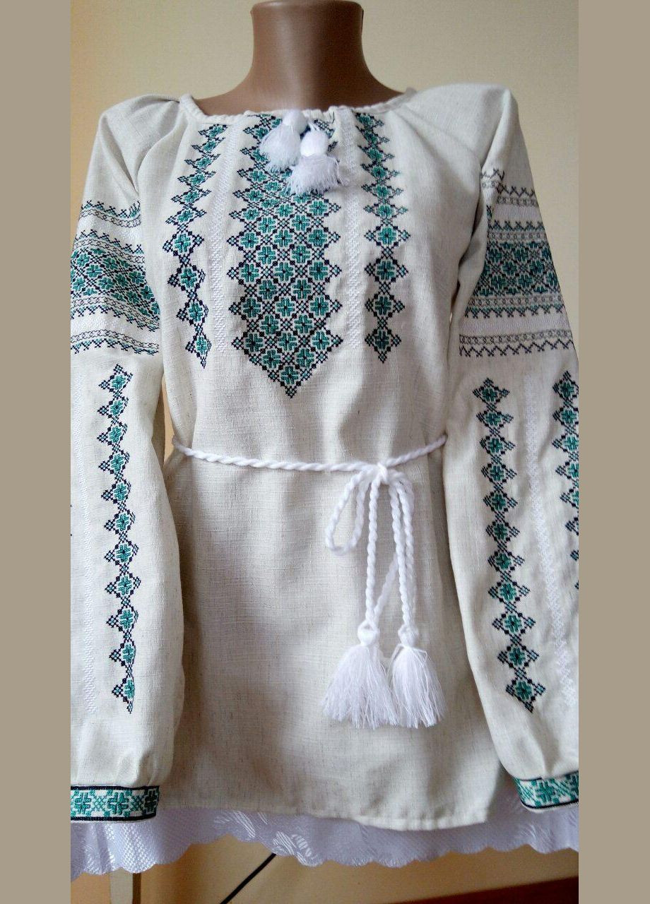 Бежевая женская вышитая рубашка на льне с красным орнаментом "нежная" с красным на льне 48 Прикарпатські Вишиванки прямой хлопок (324250336)