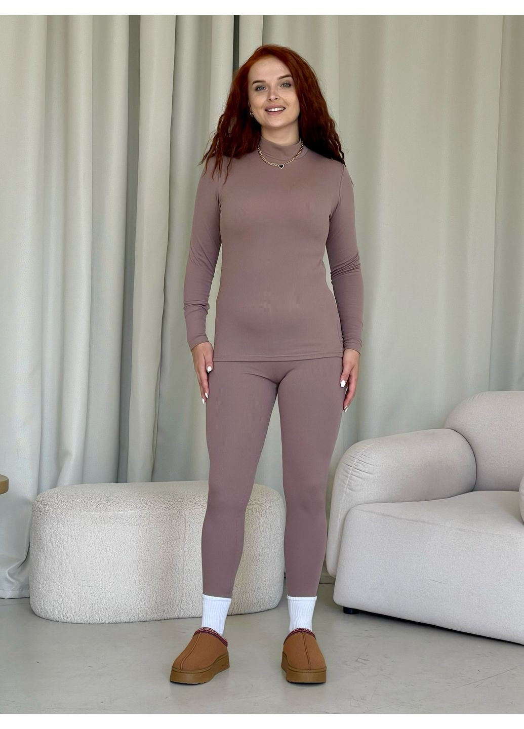 Бежевые теплые лосины в рубчик на флисе бежевые 600000202 размер No Brand