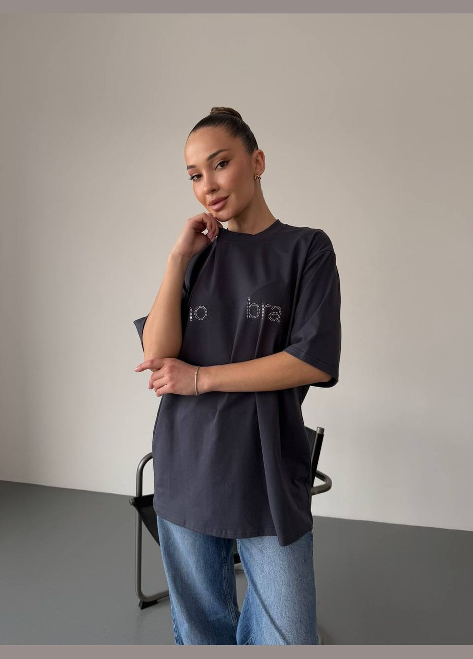 Женская футболка оверсайз со стразами No Brand Р4936-483 - (347175992)