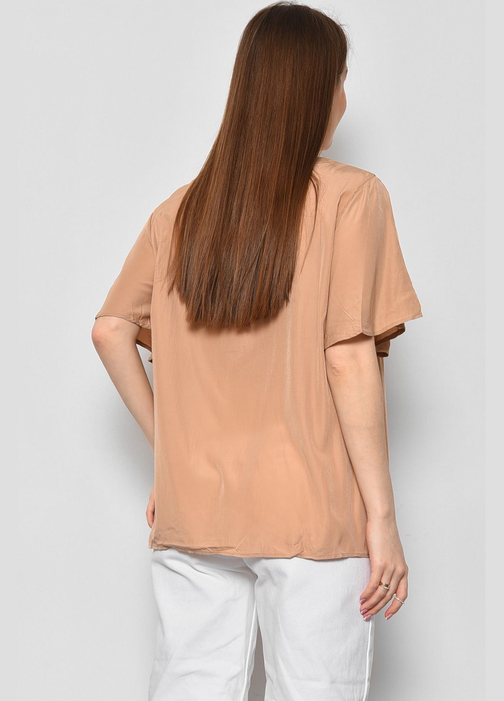 Бежева демісезонна блуза жіноча з коротким рукавом бежевого кольору з баскою Let's Shop
