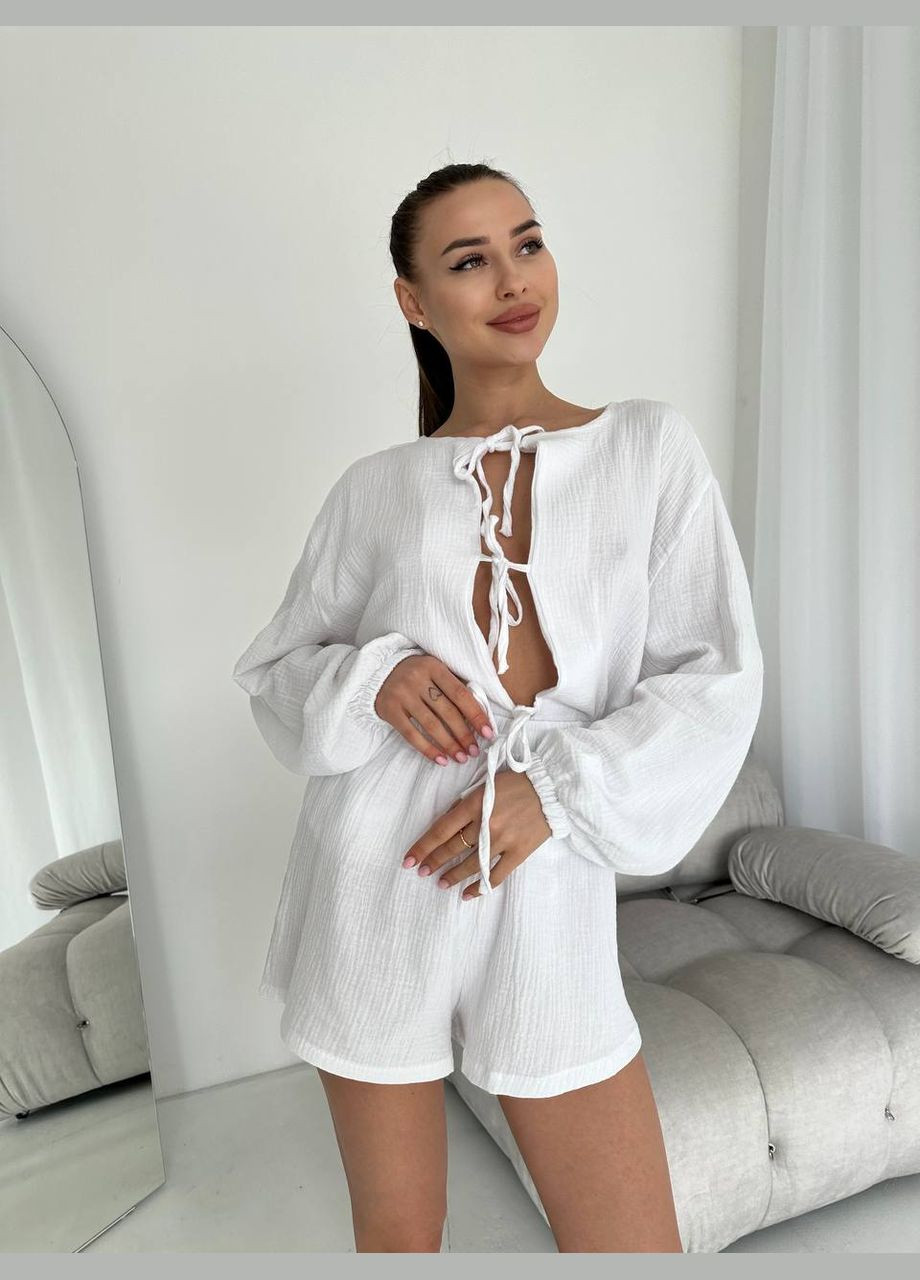 Белая женская пижама муслин рубашка + шорты No Brand