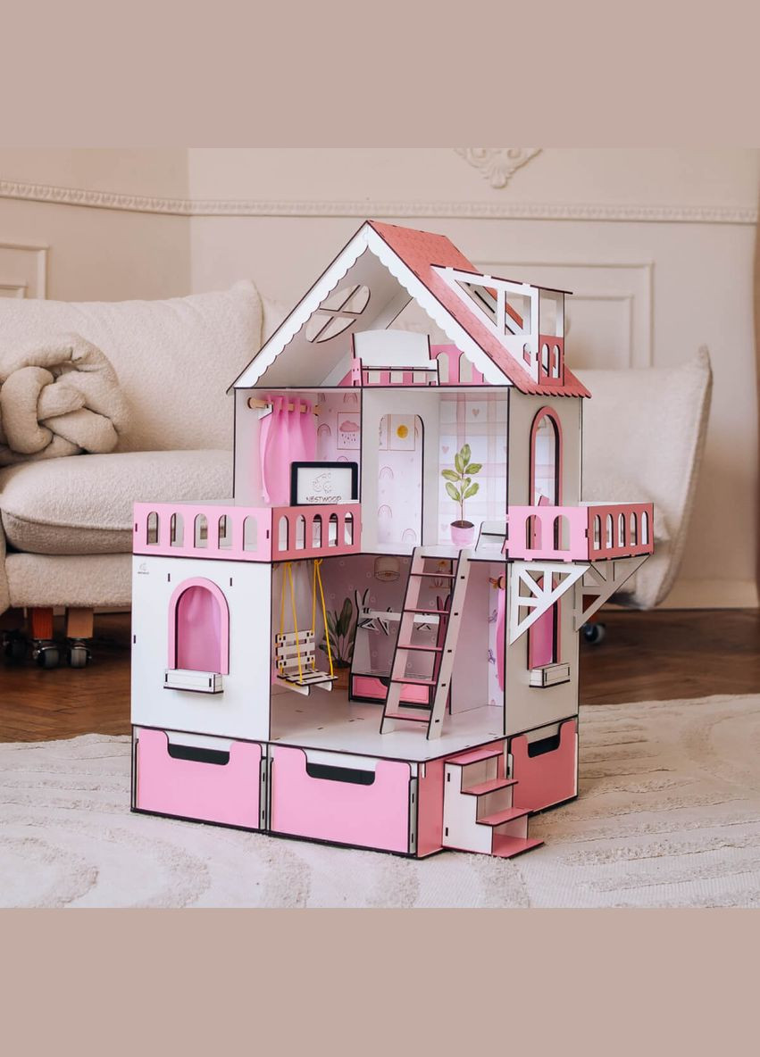 Кукольный домик Мини коттедж с органайзером с мебелью гостинная розовый (kdl001op) NestWood (311300752)