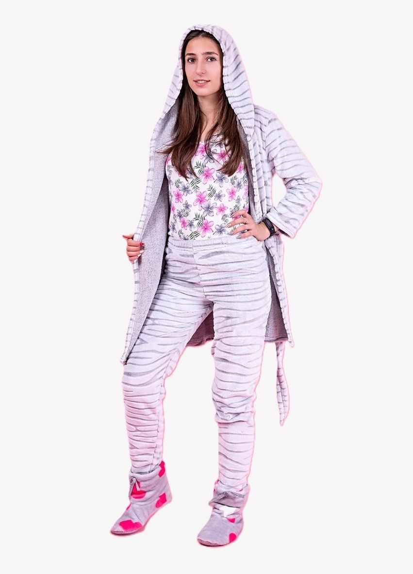 Сіра всесезон жіночий домашній комплект з капюшоном шиншила (халат+штани) Україна