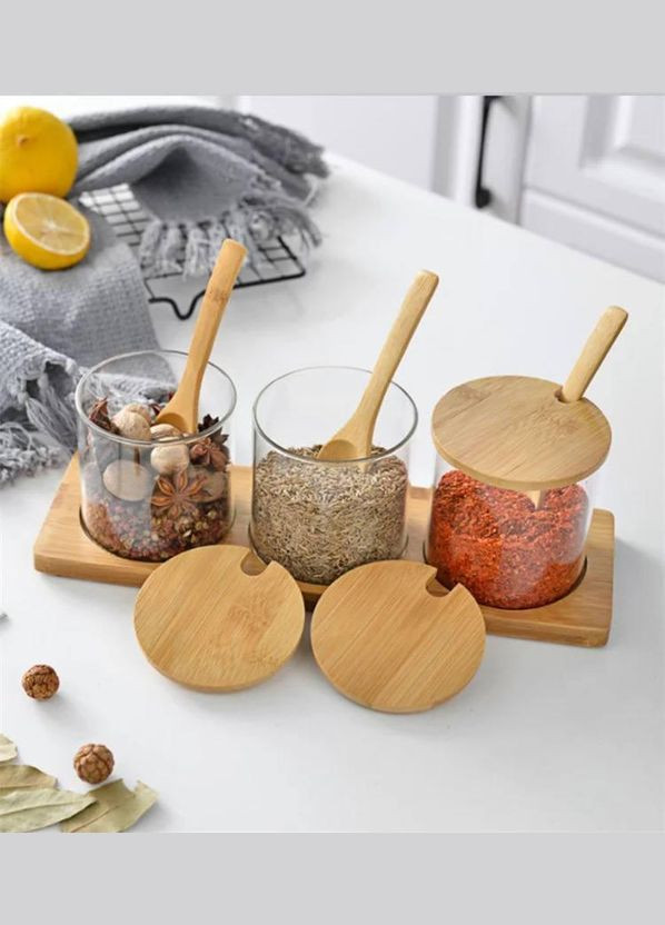 Набір скляних банок з дерев'яними ложками на бамбуковій підставці Hell (303210225)