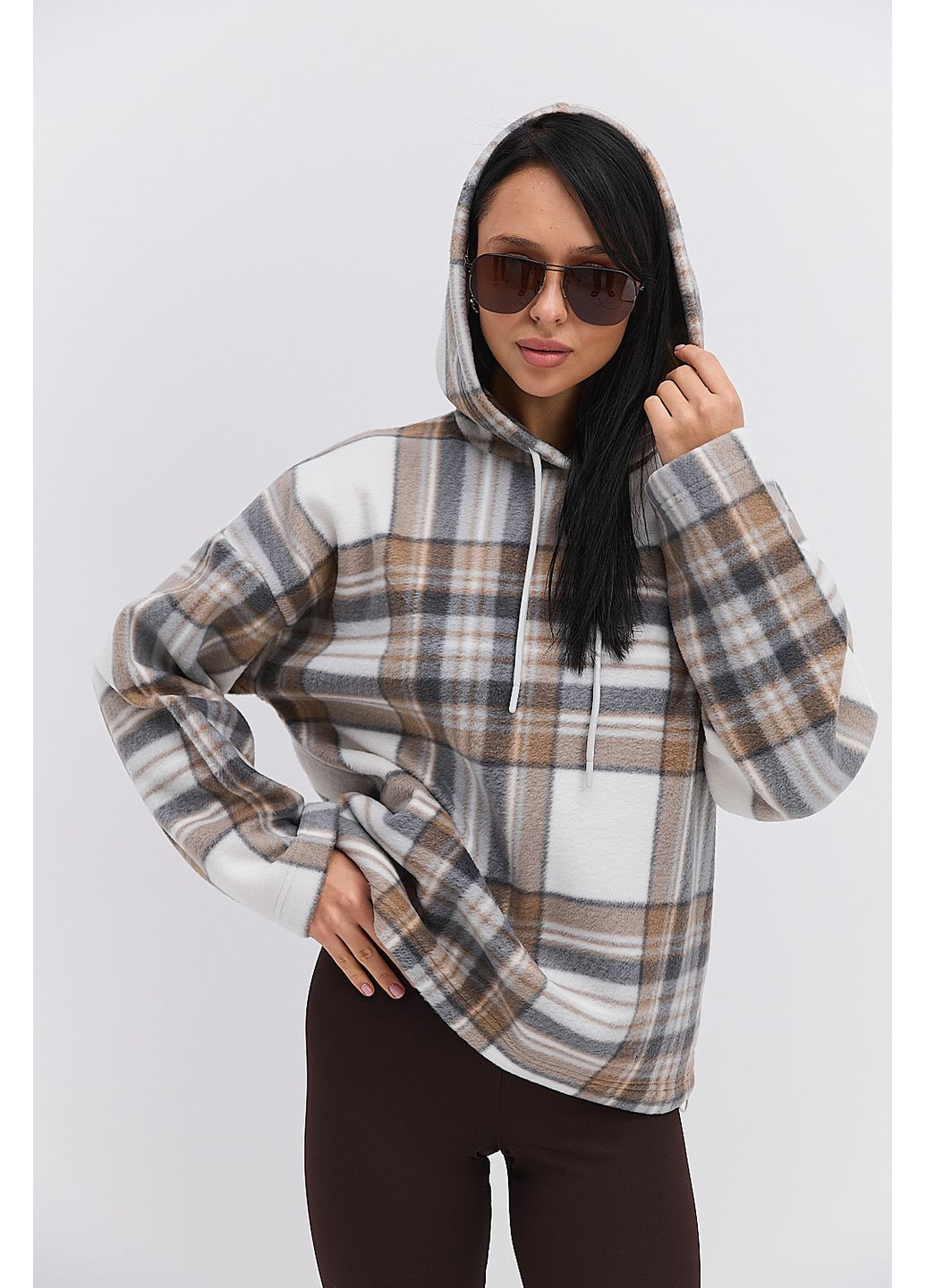 Серый женский флисовый свитшот с капюшоном в клетку Arjen (368023473)