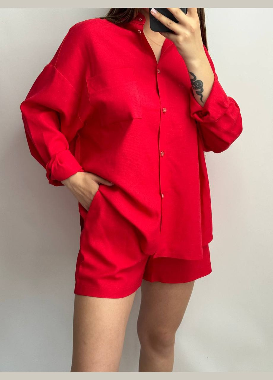 з сорочкою і шортами — літній вільний комплект з довгим рукавом і кишенями No Brand Лляний жіночий костюм (333342425)