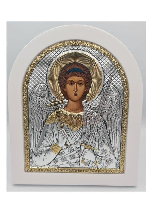 Икона Ангела Хранителя 14,7х18см арочной формы на белом дереве Silver Axion (265446353)