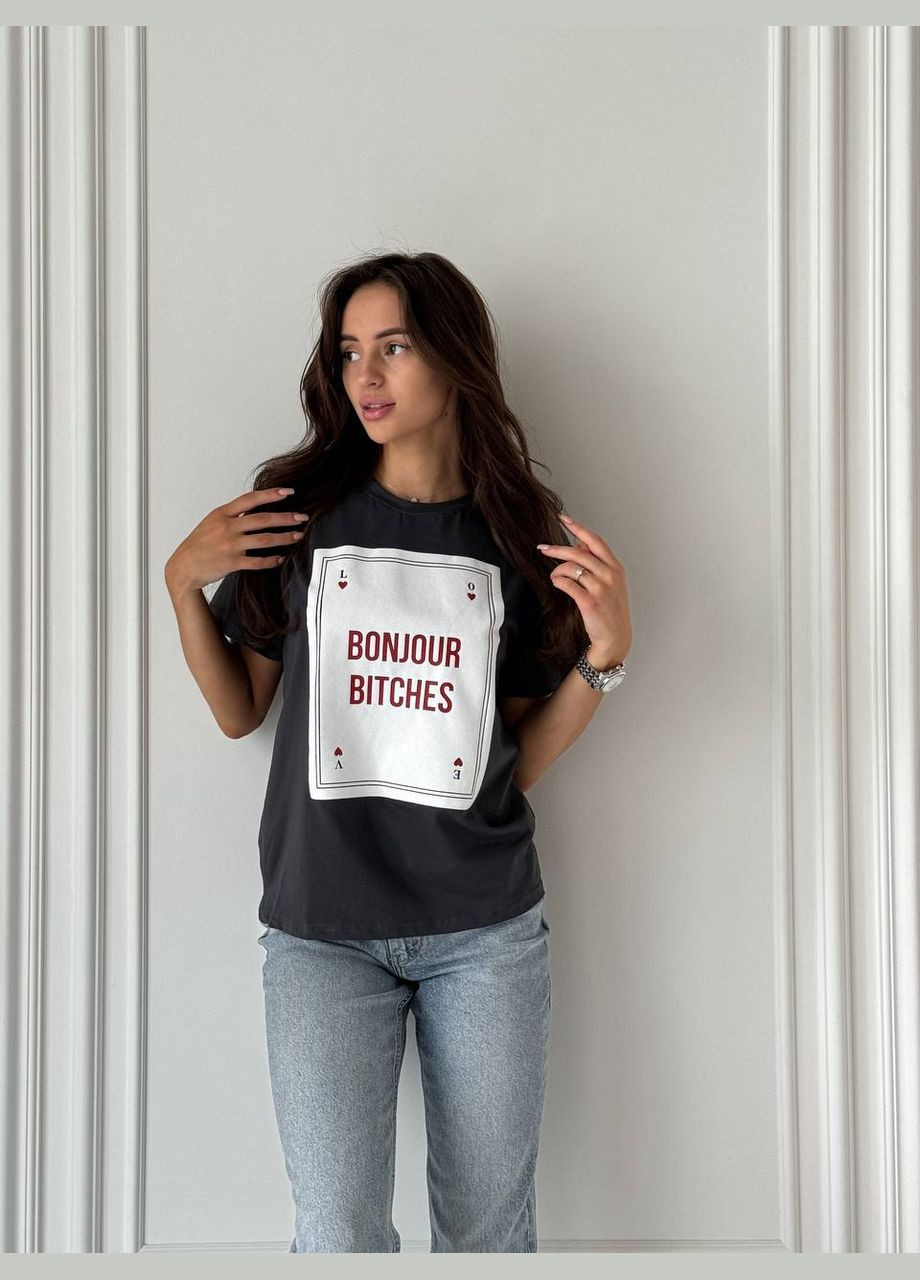 Жіноча базова футболка "BONJOUR" графітового кольору 28318 Ordio Fashion - (296932315)