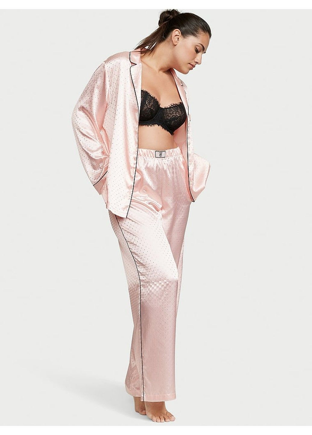 Комбинированная всесезон пижама dew drop satin long pajama set pink Victoria's Secret