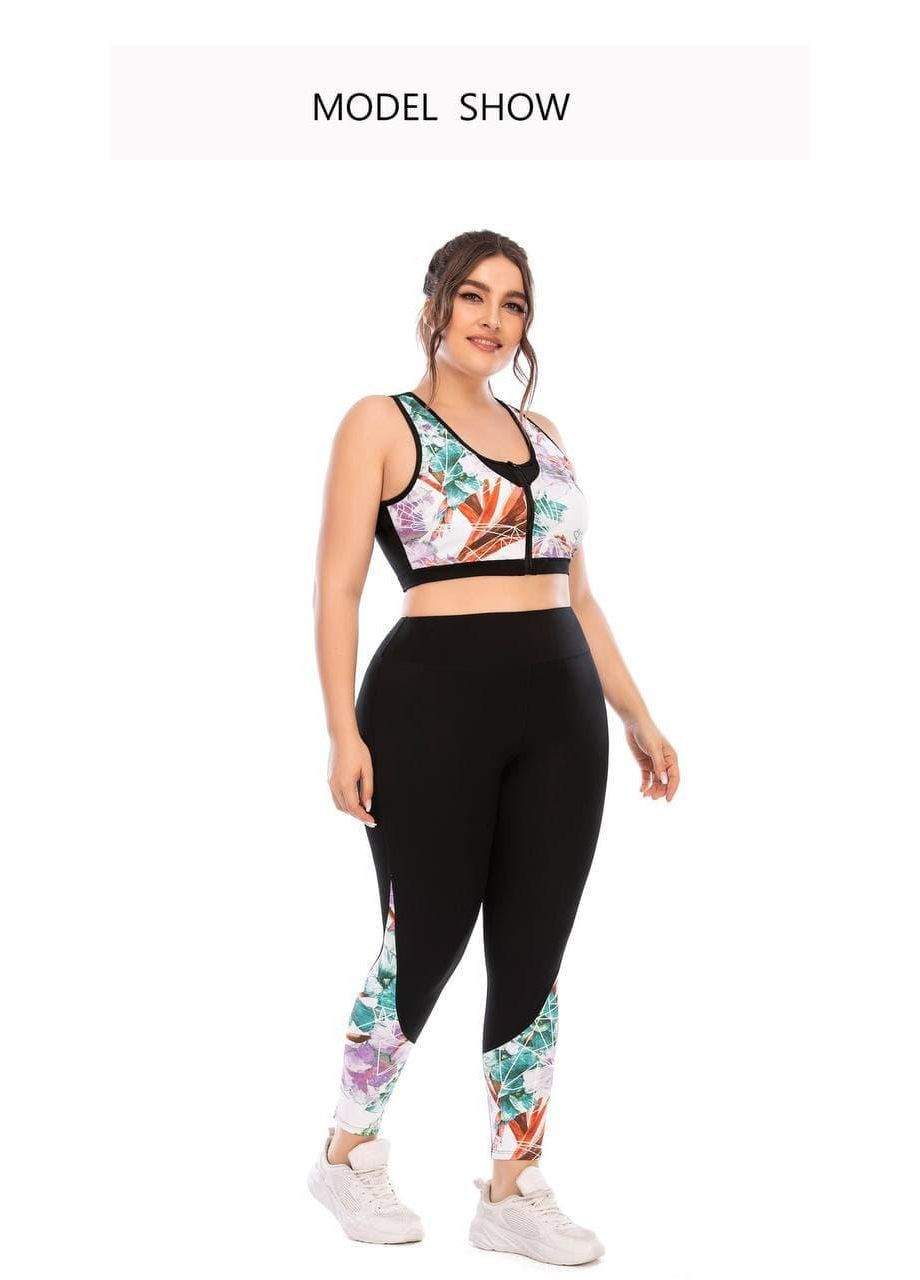 Женский фитнес костюм Plus Size с ярким принтом Женский спортивный комплект топ и лосины черный принт No Brand (370204806)
