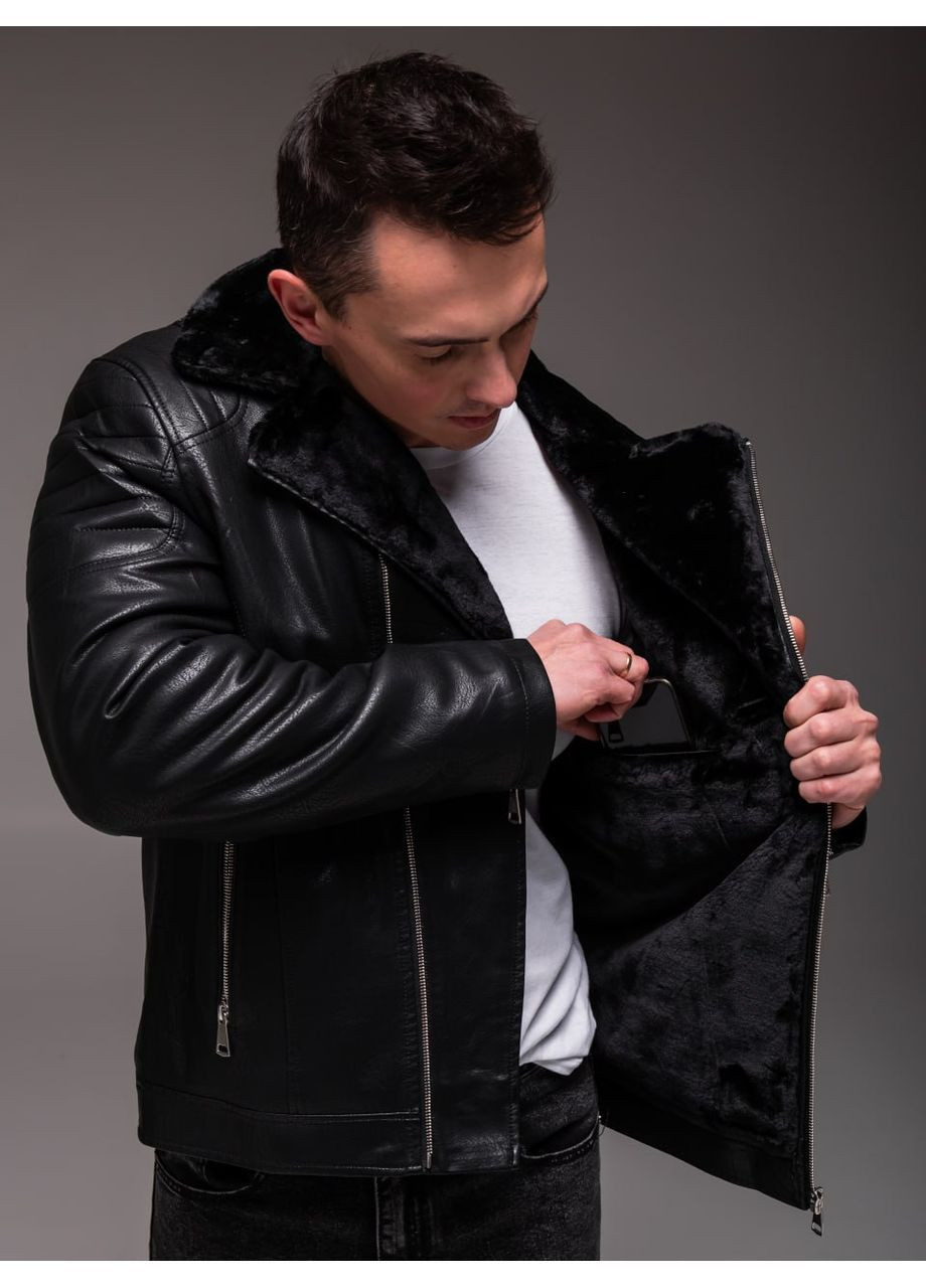 Чорна чоловіча чорна шкіряна куртка косуха на хутрі No Brand