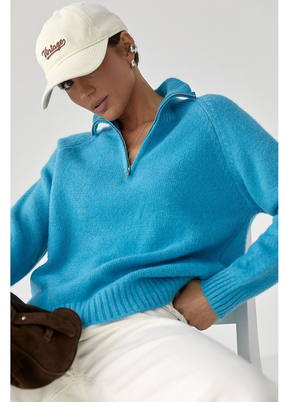 Голубой зимний женский свитер на молнии с широким воротником-поло Lurex