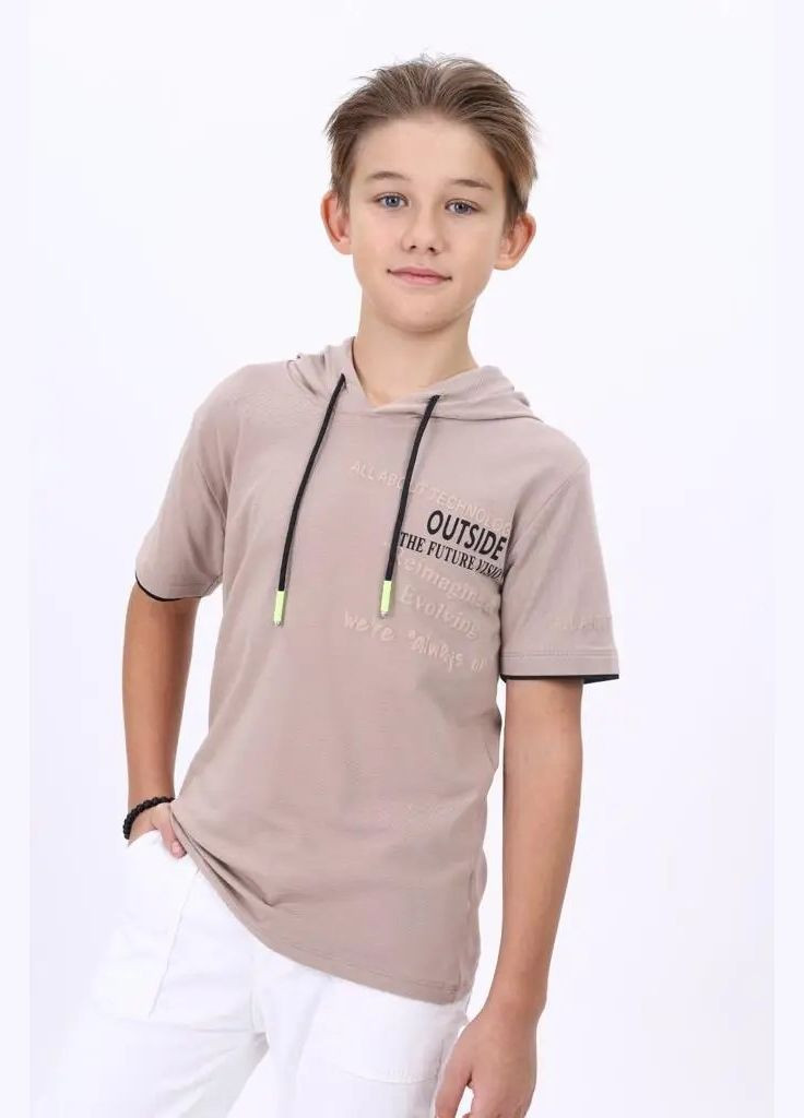 Бежевая летняя футболка для мальчика с капюшоном 140-164 см бежевая турция No Brand