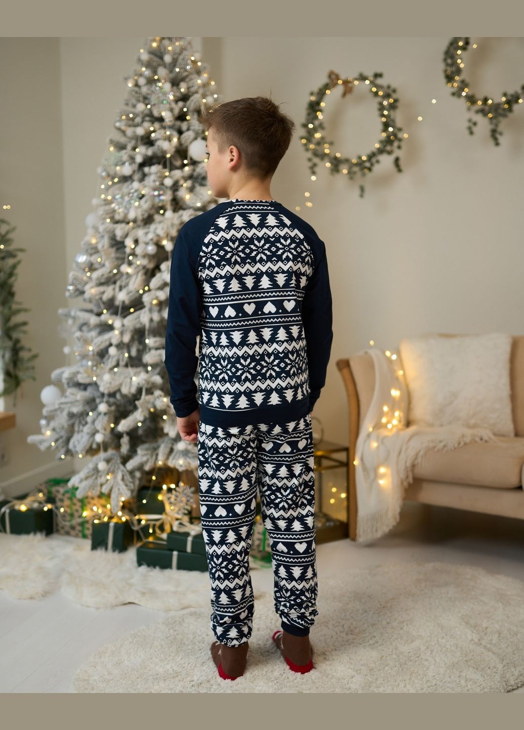 Темно-синяя зимняя пижама хлопковая детская кофта и брюки для мальчика подростка family look для семьи кофта + брюки Tom John