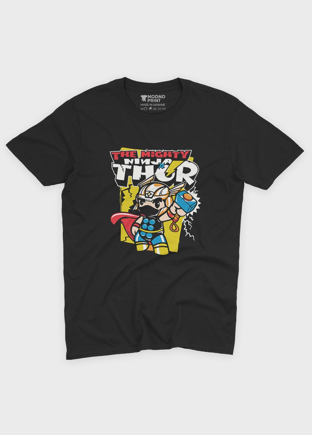 Чорна демісезонна футболка для хлопчика з принтом супергероя - тор (ts001-1-bl-006-024-001-b) Modno