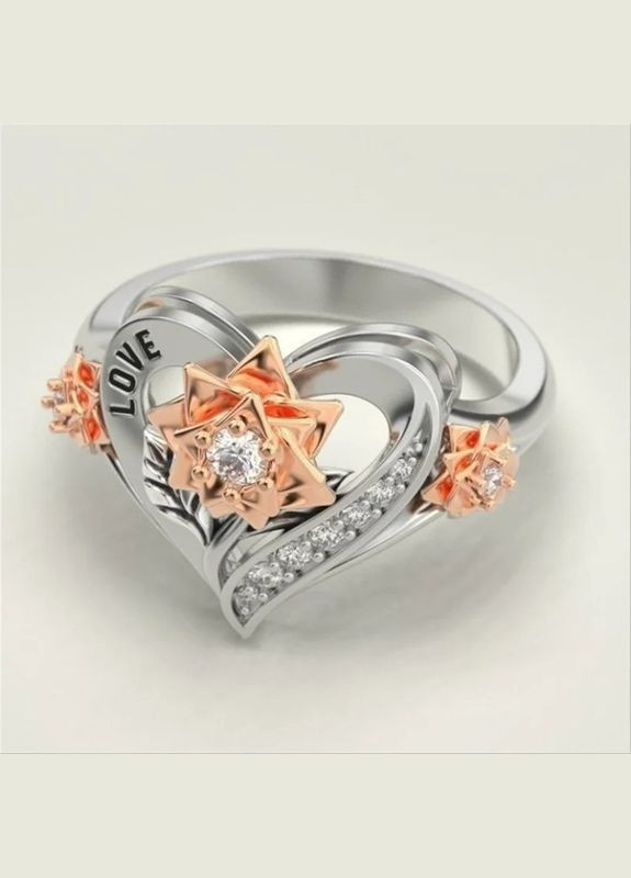Кільце жіноче як квітка золотиста троянда в сріблястому серці Love р 18 Fashion Jewelry (285110553)