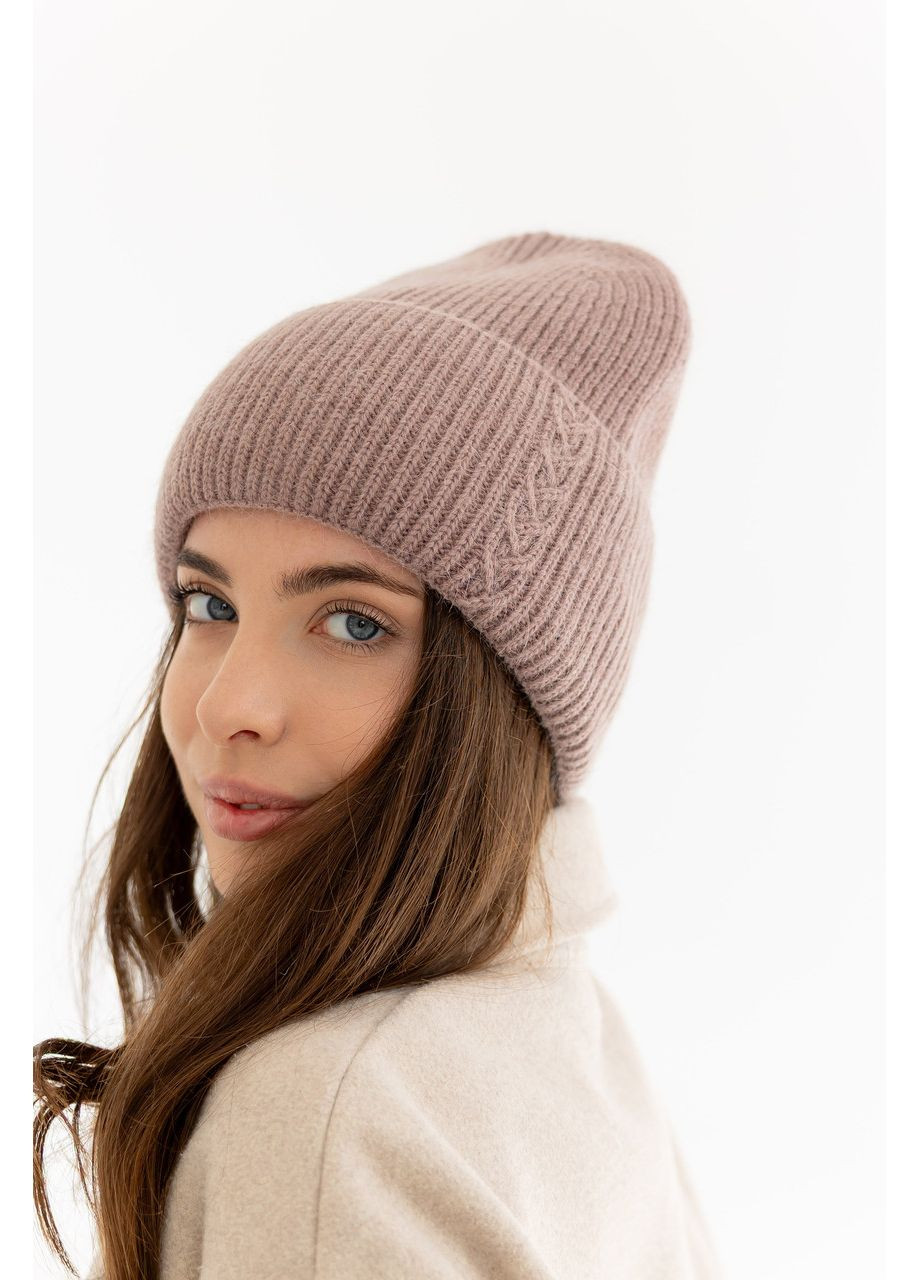 Женская вязаная шапка ангора 80% с орнаментом и флисовой подкладкой Темно Бежеый No Brand (362098715)