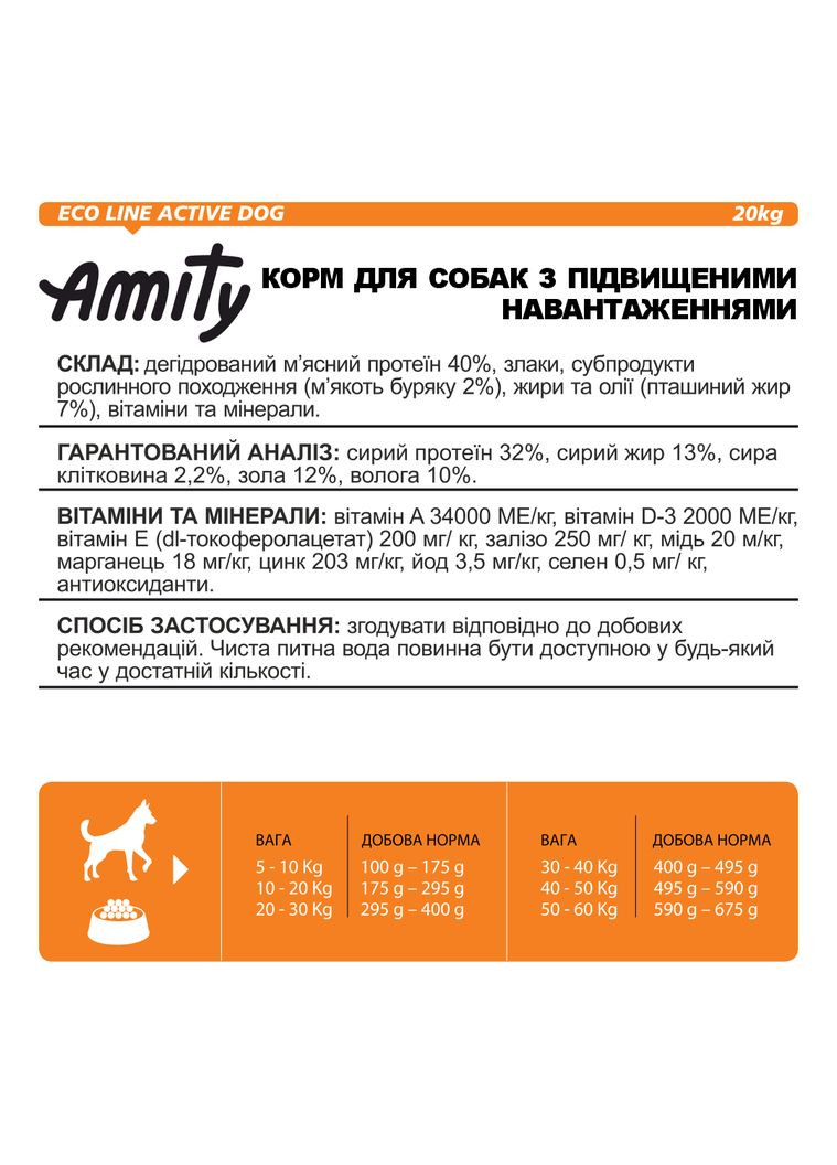 Сухой корм для собак всех пород ECO LINE ACTIVE DOG с повышенной активностью, 20 кг (*) AMITY (355313954)