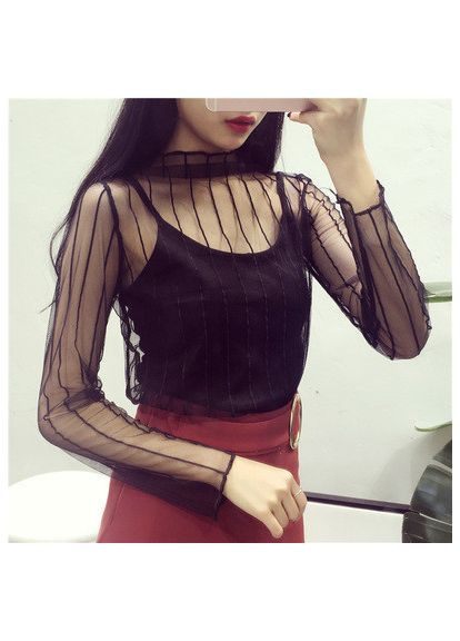 Чёрная прозрачная кофточка в полоску гольф кофточка сетка водолазка блузка (арт.10048) No Brand