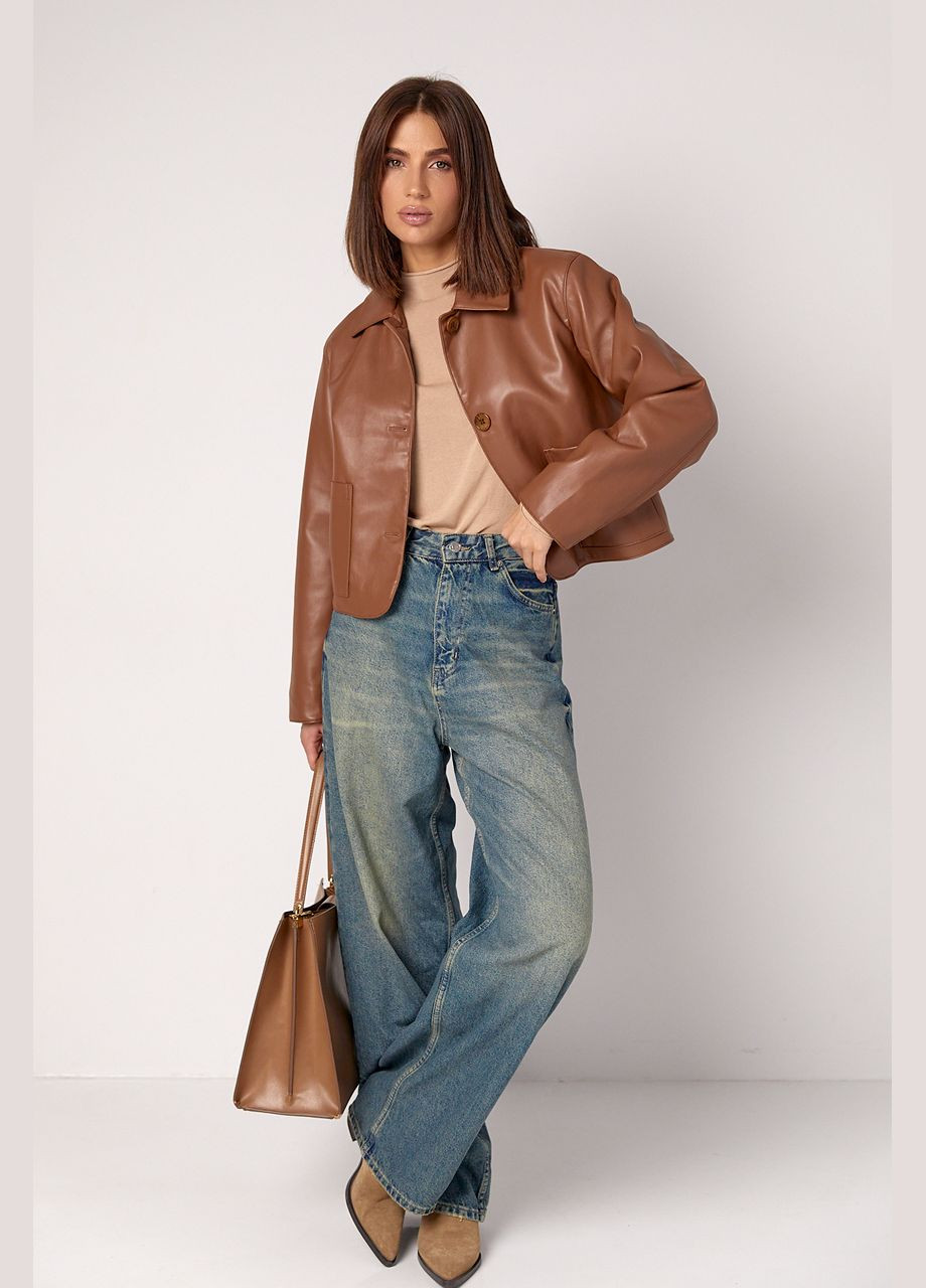 Світло-коричнева демісезонна жіноча куртка-піджак зі шкірозамінника - світло-коричневий Lurex