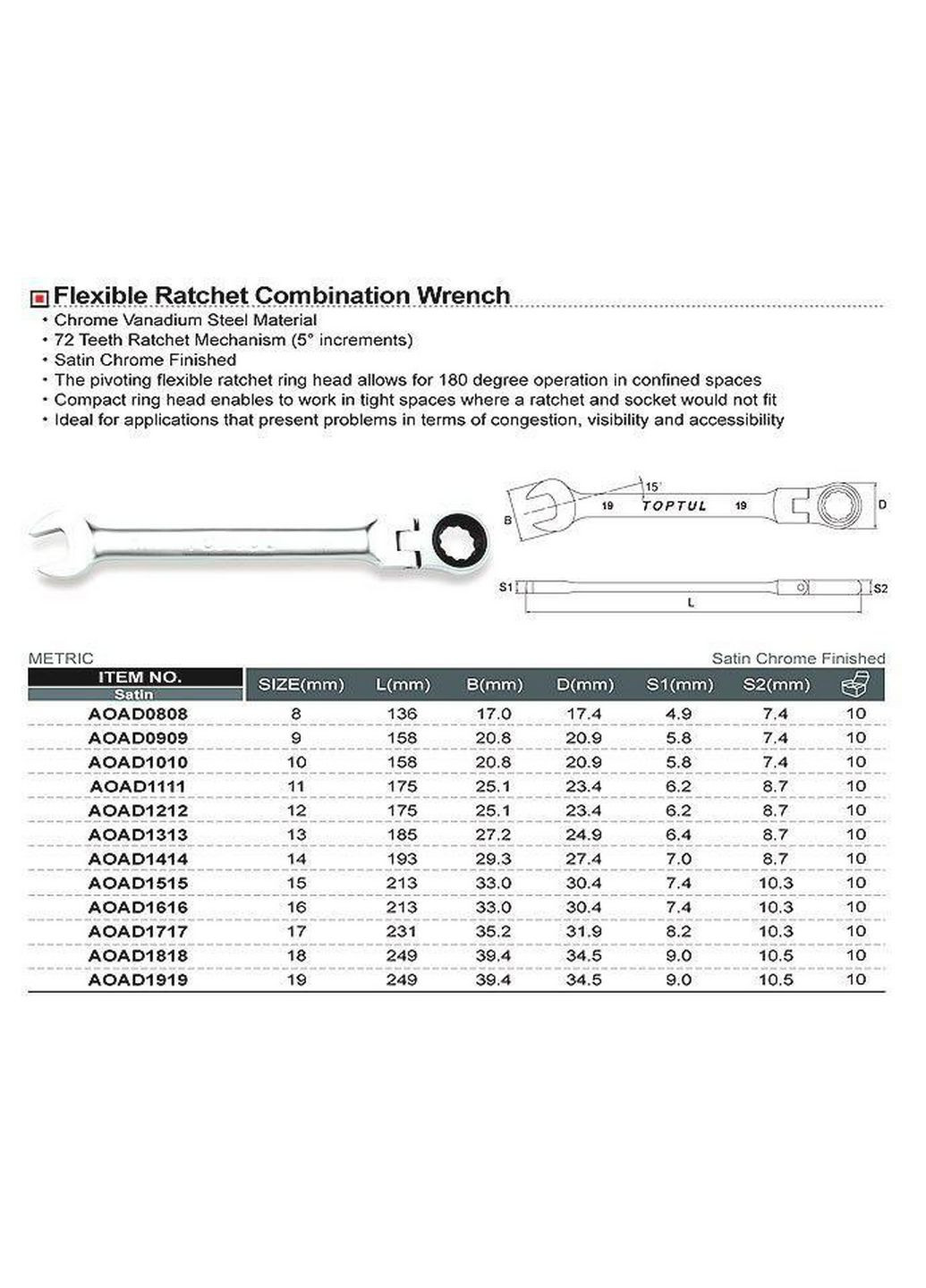Тріскатковий ключ ріжково-накидний з шарніром 18мм TOPTUL (289365371)