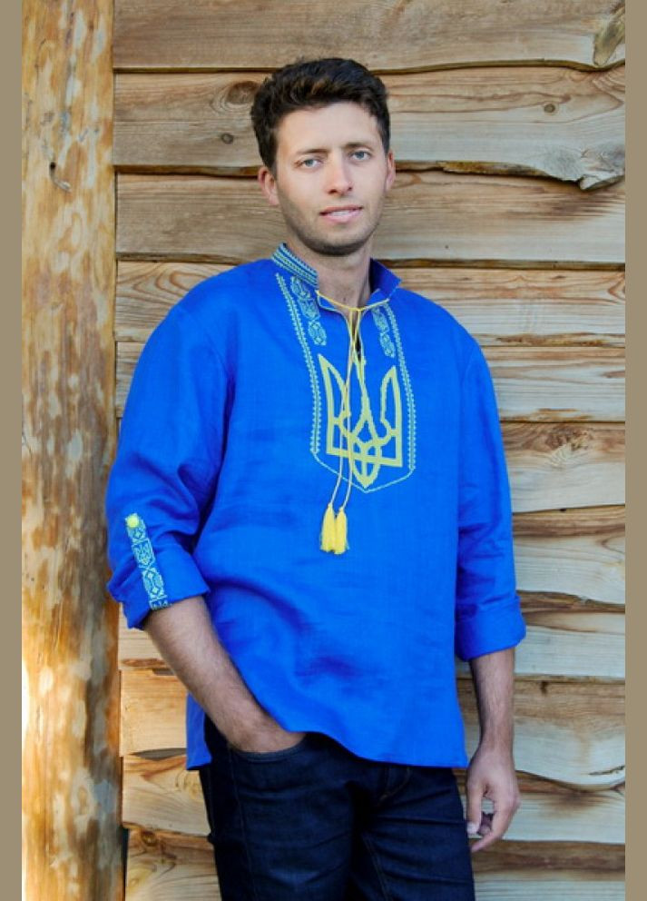 Синяя вышиванка мужская с гербом украины VMV узор украинская символика прямой, свободная лен (340060849)