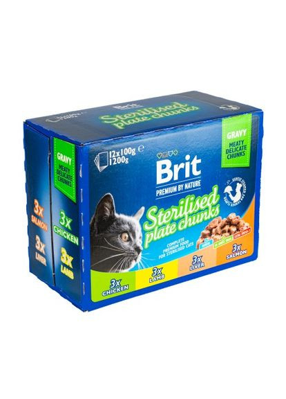 Вологий корм Cat Набір паучів сімейна тарілка для стерилізованих котів, асорті 4 смаки, 100 г х 12 шт Brit Premium (336327346)
