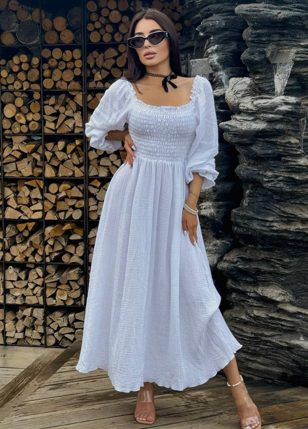 Білий повсякденний вишукана легка літня максі сукня з довгими рукавами ліхтарик Tik-Tak однотонна