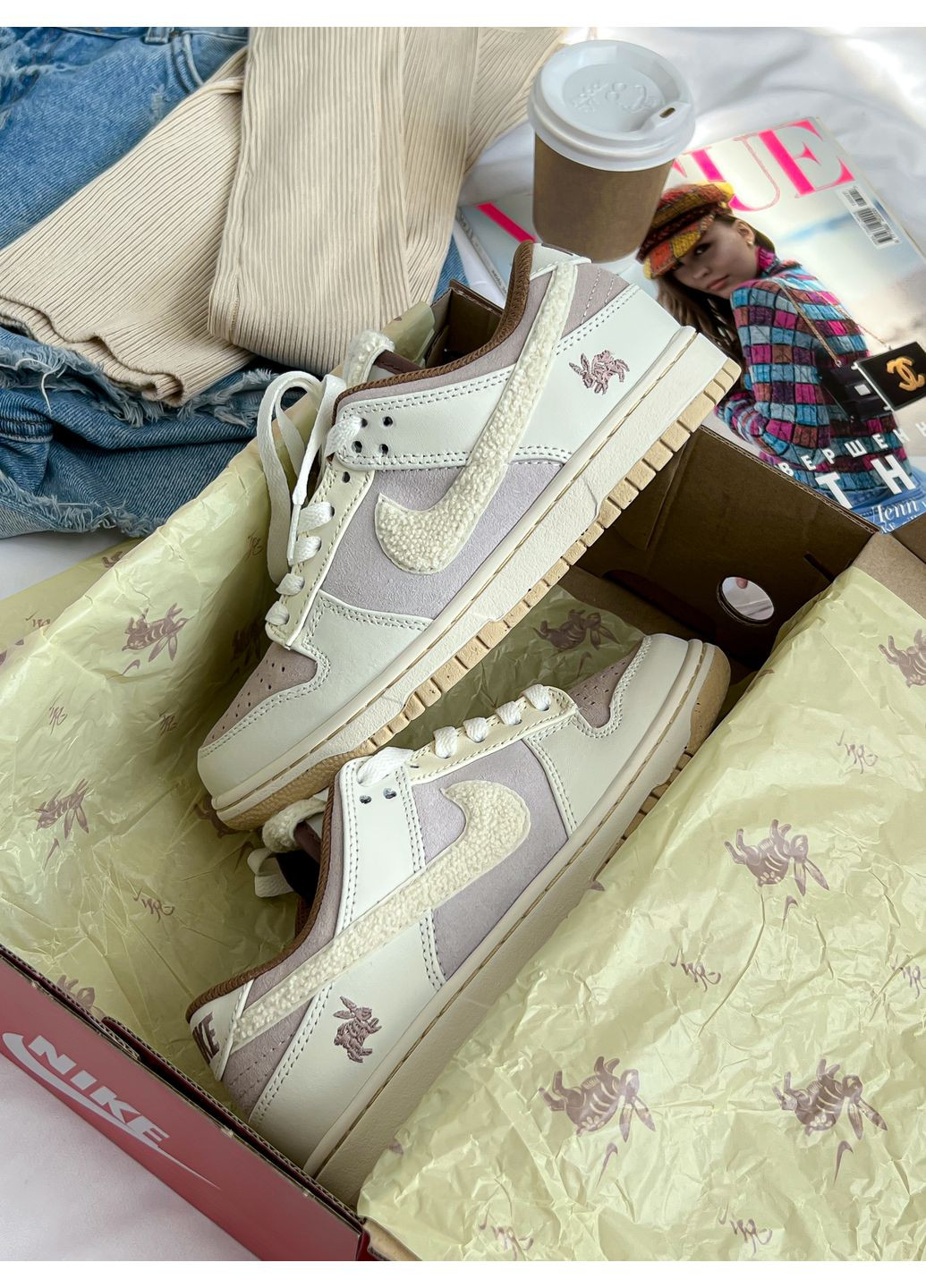 Бежевые демисезонные кроссовки мужские и женские nike sb dunk low retro rabbit fossil stone | найк сб данк ретро кролик бежевые No Brand