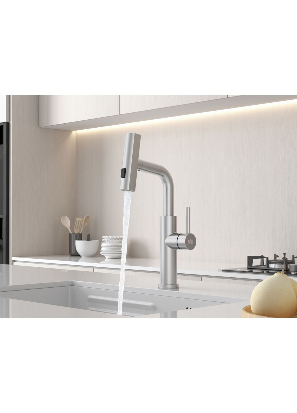 Змішувач на кухню водоспад з висувною лійкою нержавіючий Nett LS-35 (352730007)