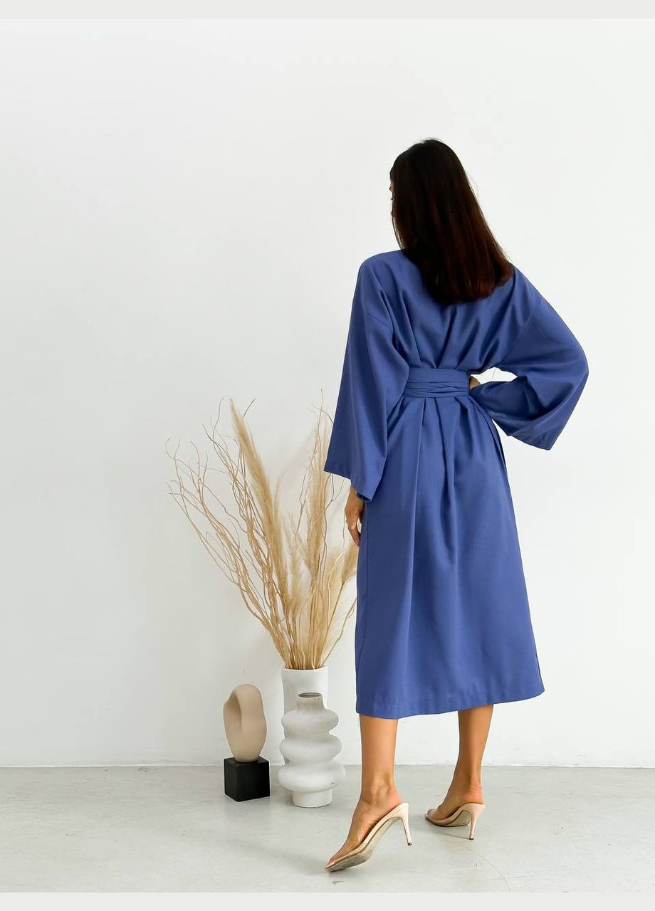 Синее пляжное, повседневный, домашнее, кэжуал стильное платье-кимоно из льна на запах Vakko однотонное