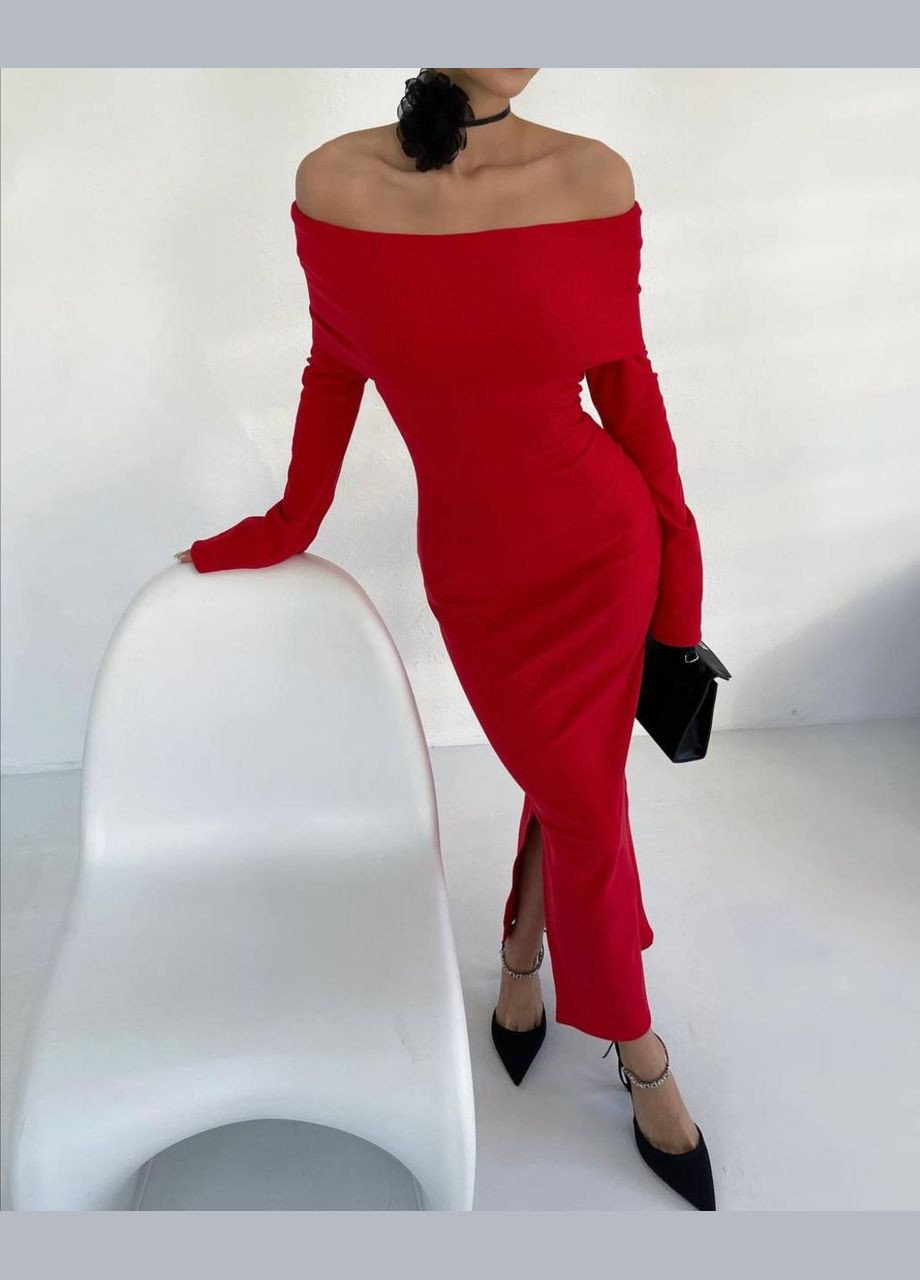 Червона повсякденний сукня облягаюча з відкритими плечами No Brand однотонна