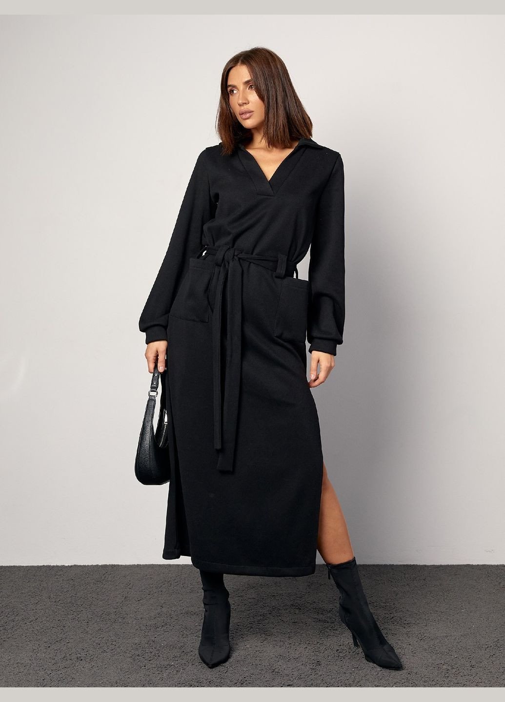 Черное деловое, повседневный, кэжуал, вечернее стильное утепленное платье с карманами и разрезом No Brand