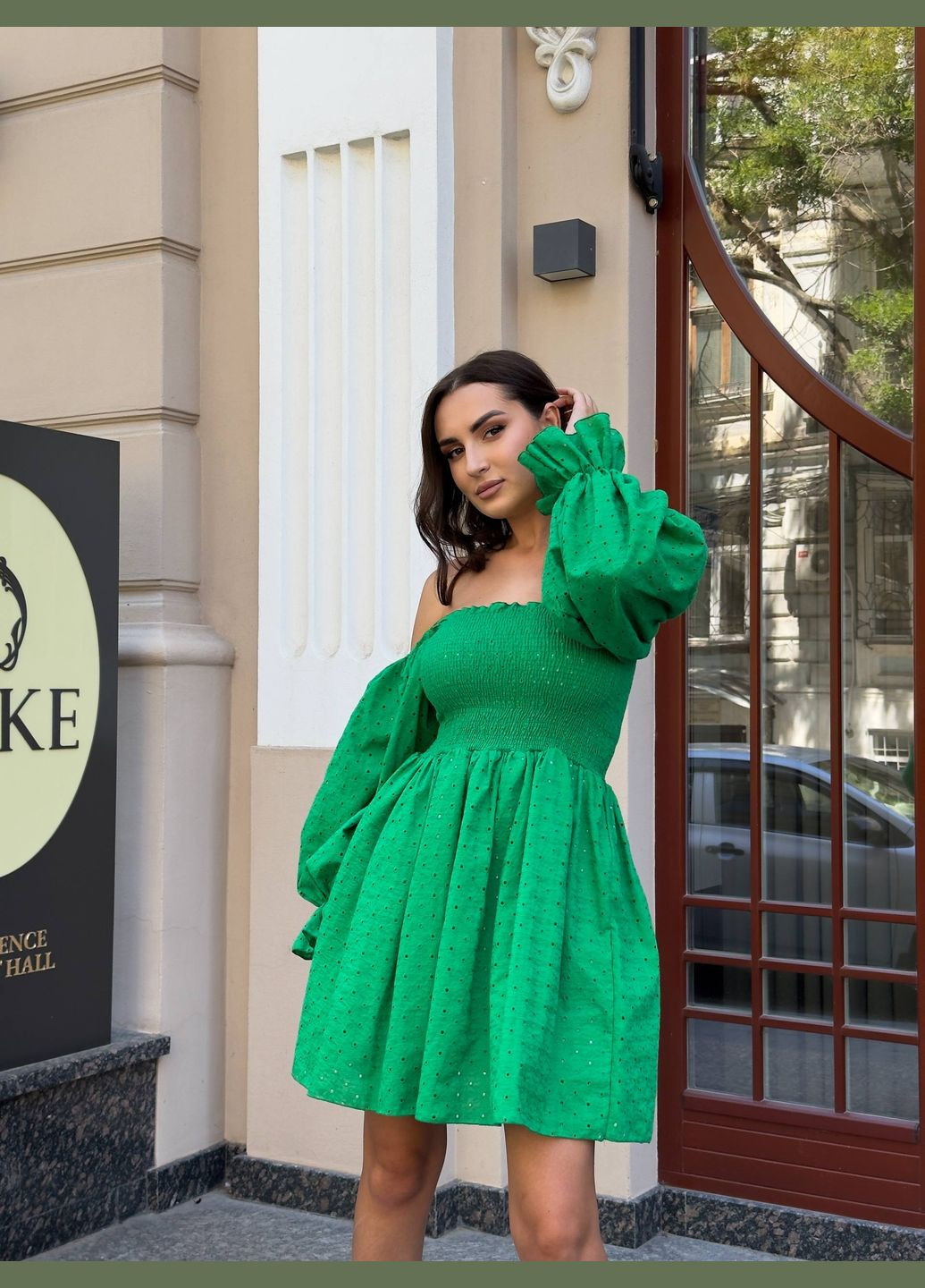 Зелена кежуал вишукана літня сукня з довгим рукавом з відкритими плечима Adelante однотонна