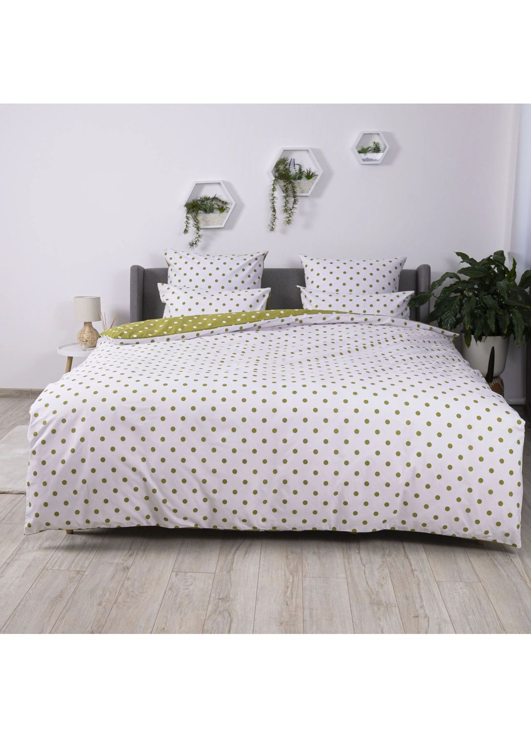 Комплект постельного белья семейный с наволочками 70*70 см, 115 гр/м2 Olive Dots Белый с хаки (14470150215) ТЕП (364099912)