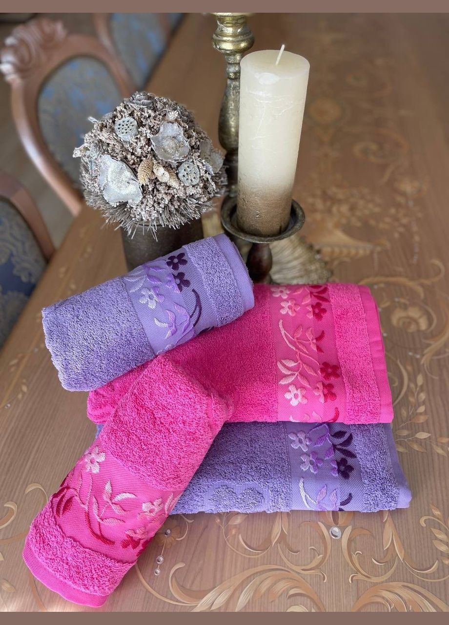 Катруся полотенце махровое 70х140 гладкокрашенное жаккардовое бордюр цветочная поляна цветочный фиолетовый производство - Украина