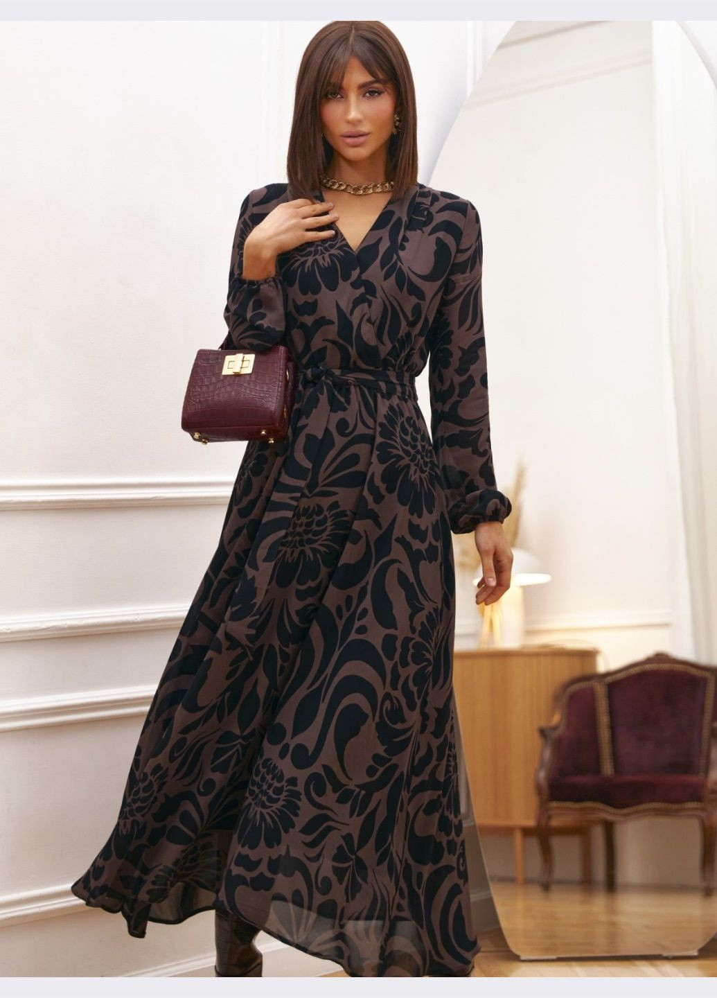 Коричнева вечірня сукня коричневого кольору з принтом та спідницею-напівсонце Dressa
