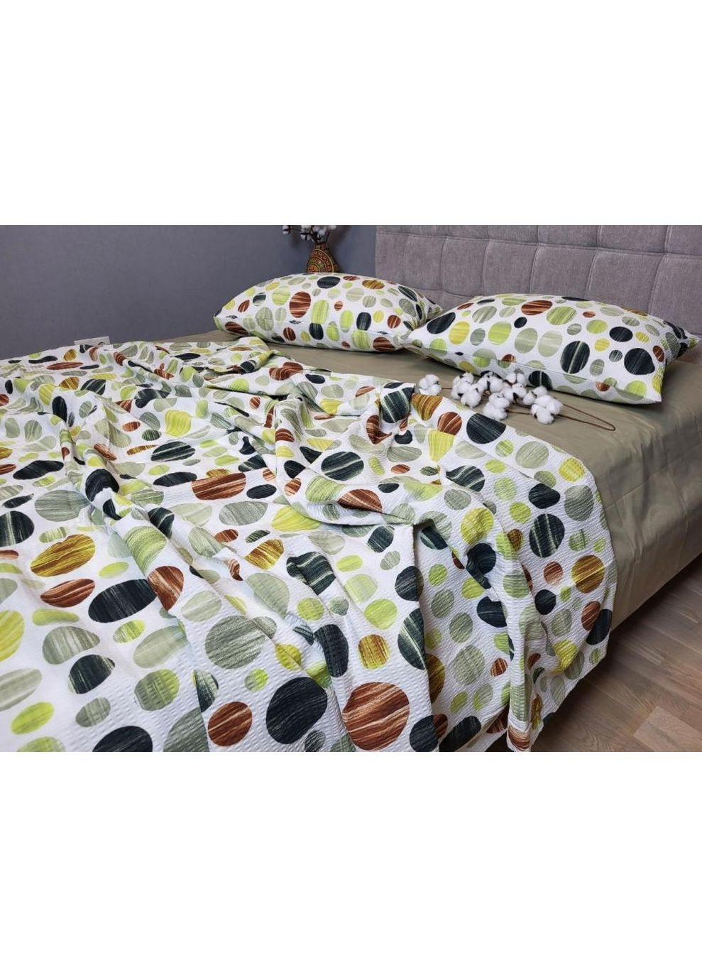 Постільна білизна з резинкою Карамелька оливк., ранфорс гофра (жатка) Полуторний розмір, наволочки 70/70 No Brand (364220834)