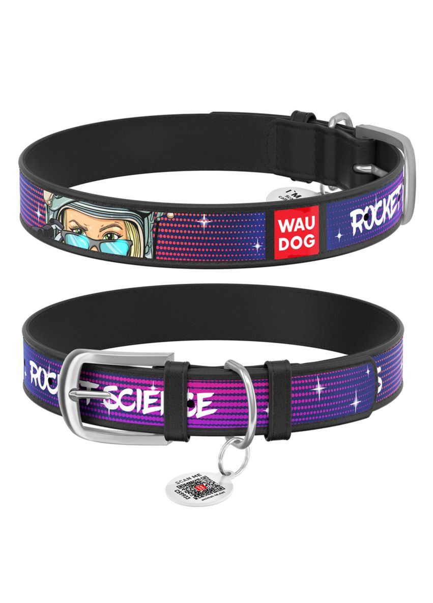 Ошейник для собак кожаный Design с QR паспортом, рисунок "Космос. Ракетостроение", L, Ш 25 мм, Дл 38-49 см черный WAUDOG (332879276)