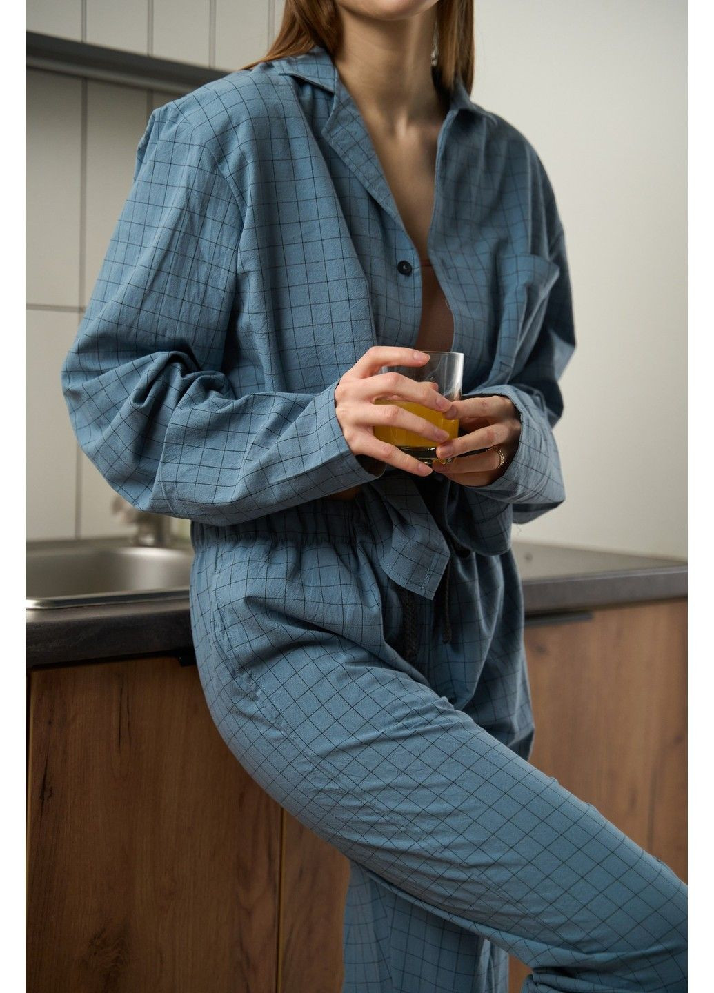 Синяя пижама женская в клеточку вареный хлопок homely синяя рубашка + брюки Handy Wear