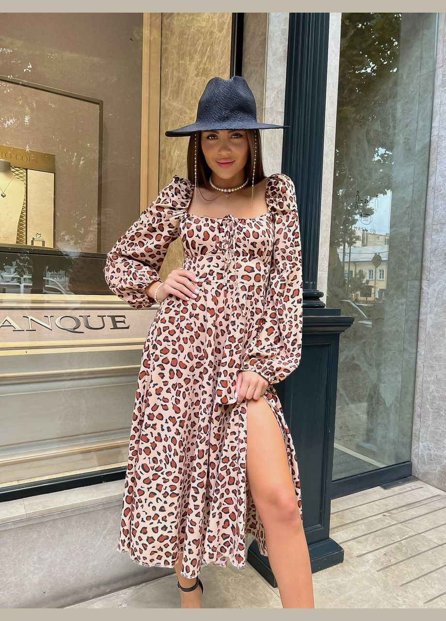 Комбинированное лёгкое летнее принтованное платье с длинным рукавом и шнуровкой на спине, регулируемое леопардовое платье из софта No Brand