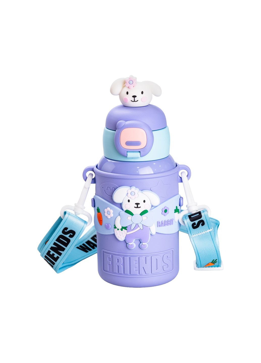 Дитячий термос поїльник з трубочкою Happy Life 450 мл з ремінцем та силіконовим чохлом Фіолетовий No Brand HP18308V (299239386)