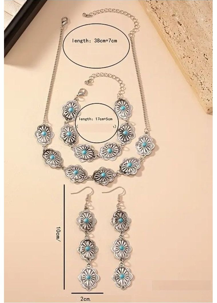 Набор 3 украшений ожерелье, браслет, серьги с бирюзой, 2485 No Brand (350936881)