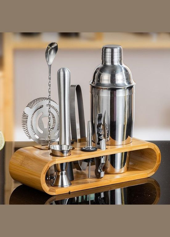 Набір для бару для приготування коктейлів з дерев'яною підставкою 750 мл 10 предметів Сріблястий (C051210) Bar (342122441)