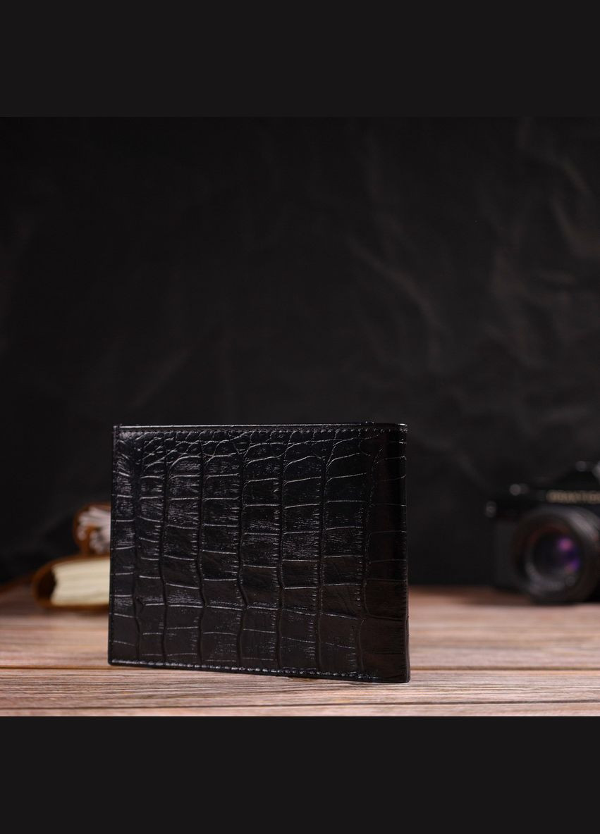 Стильне чоловіче портмоне з натуральної шкіри з тисненням під крокодила 21867 Чорний Canpellini (329147955)